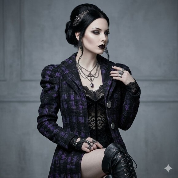 Samuel Dong Womens Purple & Black Plaid Puff Sleeve Coat Size S - Picture 15 of 16